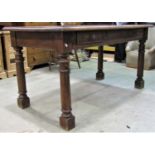 An oak dining/work table, the rectangular top with moulded outline over two frieze drawers raised on