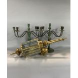 Brass and lobed bevelled glass carriage lantern 67cm high together with a pair of patinated four