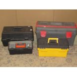 Four contemporary moulded plastic portable tool chests of varying size and contents