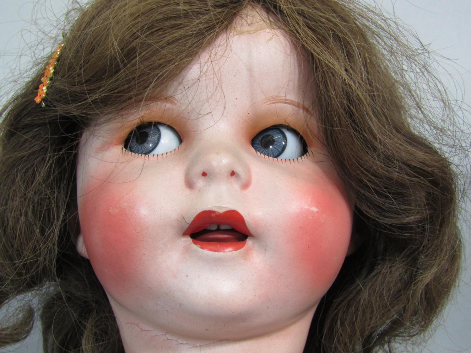 2 early 20th century large composition head dolls, both with closing blue eyes, the taller doll 75cm - Image 3 of 5