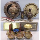 A good mixed lot of mainly eastern metal ware to include a Japanese bronze vase, a Moroccan