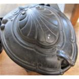 Regency cast iron coal scuttle, hinged lid cast with a scallop shell, 54cm long
