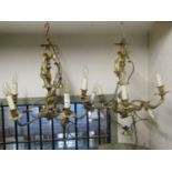 Pair of good quality cast gilt metal five branch electrolier with scrolling acanthus and further