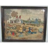 A good quality late 18th/early 19th century embroidered picture of a rural scene with harvesters,