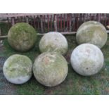 Six reclaimed Atlas type sphere weights or equally used as finials, (graduated size), two 17 inch,