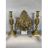 A mixed collection of antique brass ware to include a twin sconce wall light, the back plate cast