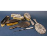 Silver dressing set comprising mirror, three brushes and boot hook (AF), together with a further