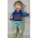 Bisque head character doll by George Borfeldt/ Armand Marseille, with blue closing eyes, open