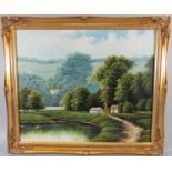 A collection of 20th/21st oil paintings on canvas including a river scene with cottages signed