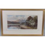 A 19th century British School, mountainous landscape with lake, figures, etc, watercolour and body