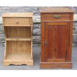 A late Victorian pitched pine washstand, the hinged lid with applied framed mirror plate over a