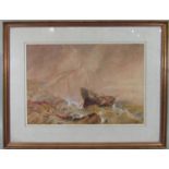 19th century British school - Dramatic coastal scene with ship wreck and figures below a ruined