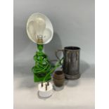 Vintage industrial green painted clamp light together with a square wicker basket, a match stick