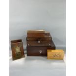 Late 19th century rosewood caskets together with two further smaller boxes, a pair of brass fitted