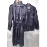 Full length black leather mens trench coat size L, and a 'Nicklebys' black leather jacket size 4 (