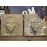 A pair of reclaimed lions mask wall plaques, one broken incomplete, 30 cm square approximately