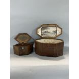 Regency crossbanded mahogany octagonal tea caddy (converted) 26cm long, together with a further