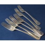 Set of four Victorian silver old English table forks, maker JSH, together with a further pair of