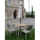 A contemporary cream painted light steel/aluminium garden table with square hardwood slatted top,