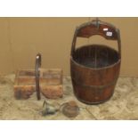 A Chinese well bucket with iron fittings together with a vintage wooden divisional tray/basket and a