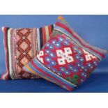 2 good quality cushions with zipped covers, cut from colourful woven kelim type cloth, in very