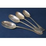 Set of four early silver Hanoverian pattern table spoons, hallmarks worn, 75oz approx