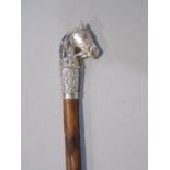 Bamboo walking cane with white metal horse head knop