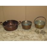 A heavy gauge copper two handled circular pan, brass jam pan with fixed steel handle, one other