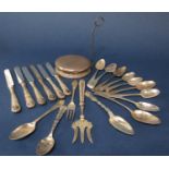 Mixed lot of silver comprising various silver handled and solid silver flatware, a silver powder pot