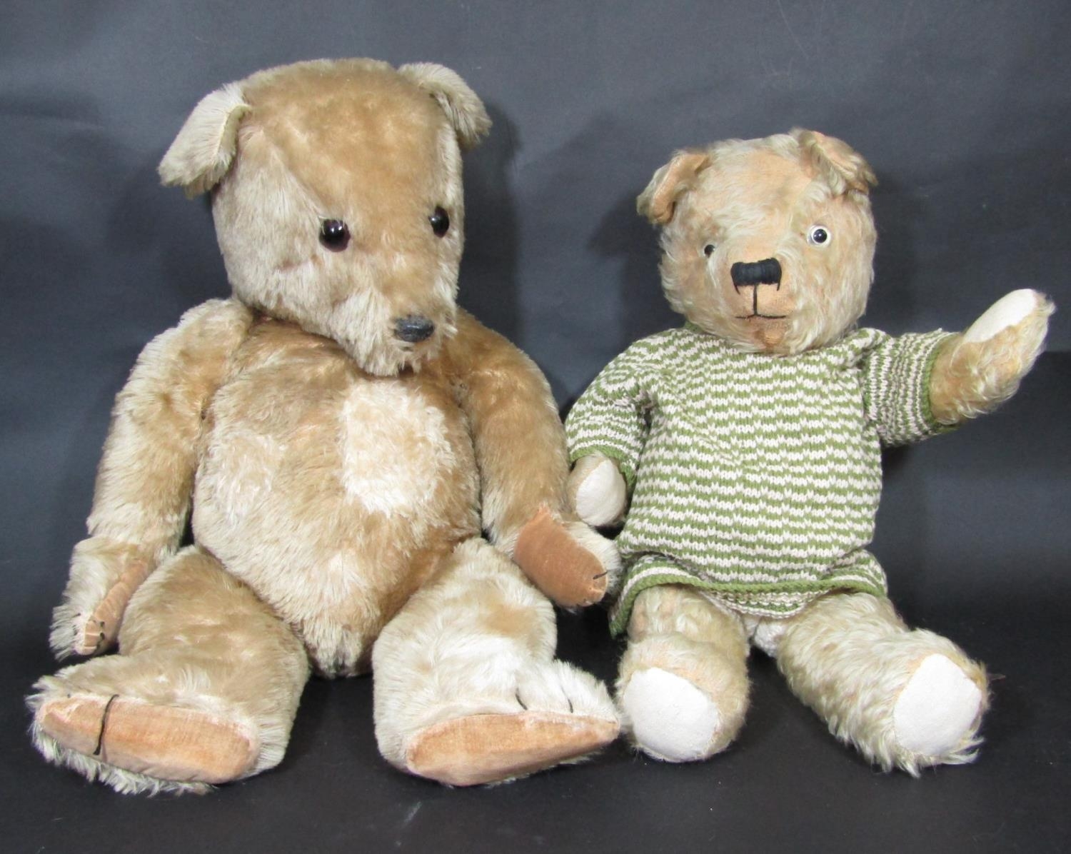 2 mid 20th century teddy bears including a large bear probably by Chiltern with jointed body,