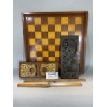 Good mixed treen lot comprising Victorian walnut and gilt brass book slide, a good antique panel