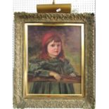 19th century school, half length portrait of a little girl in green dress and red cap, oil on