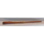 Unusual antique primitive walking stick, the end carved with a dog head, a serpent and an ethnic