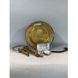 Box of interesting items to include a silver pocket watch, military brass presentation plate,