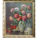 Frank Mitchell - Still life with jug of chrysanthemums, 60 x 50cm in moulded gilt frame