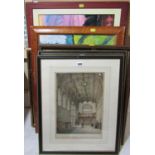 A collection of pictures and prints including an 18th century coloured engraving after George Vertue