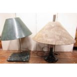 Two contemporary table lamps, one set on a green marble base with brass column and shade, the