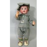 German bisque head character doll by Wiefel with blue sleeping eyes, open mouth with 2 teeth, 5 part