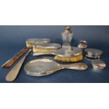 Good silver applied dressing set comprising hand mirror, three brushes, silver topped comb, shoe