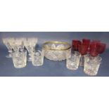 A silver rimmed cut glass fruit bowl together with a further set of four cut glass tumblers, five