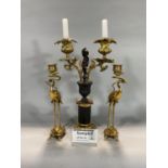Regency style bronze and gilt metal twin handled candelabra, together with Japanese crane and