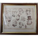 Phil May (British 1864-1903) caricature heads of male characters, sepia ink and wash on paper,