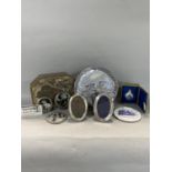 A mixed lot comprising three Art Nouveau pewter discs, Chinese porcelain snuff bottle and others