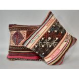 2 good quality cushions with zipped covers, cut from colourful woven kelim type cloth, in very