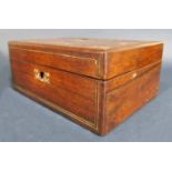 19th century rosewood and mother of pearl inlaid jewellery box, with three silver thimbles, a