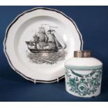 Late 18th/ early 19th century creamware plate with transfer printed decoration of a battleship
