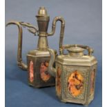 Malaysian Malacca pewter ewer and teapot, each fitted with panels of figures, with Greek Key