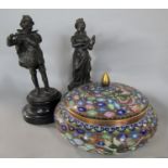 Cloisonné lidded pot, 21cm diameter, together with a further pair of French spelter figures of a man