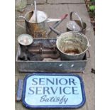 A vintage wall mounted painted aluminium framed sign 'Senior Service Satisfy', together with two
