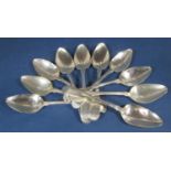 Set of ten George III silver fiddle pattern dessert spoons, maker RC, London 1806, 12oz approx